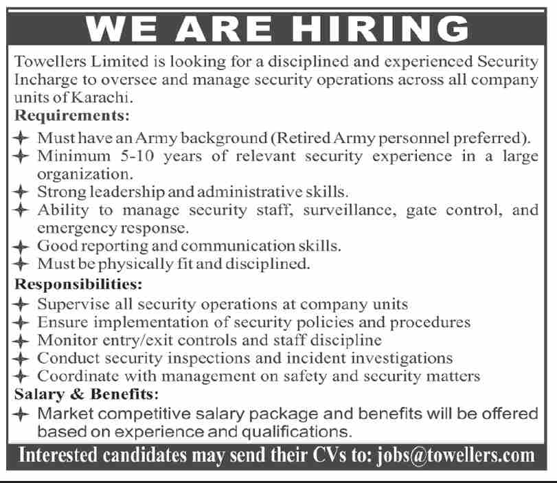 Security Incharge - Towellers Limited - Karachi