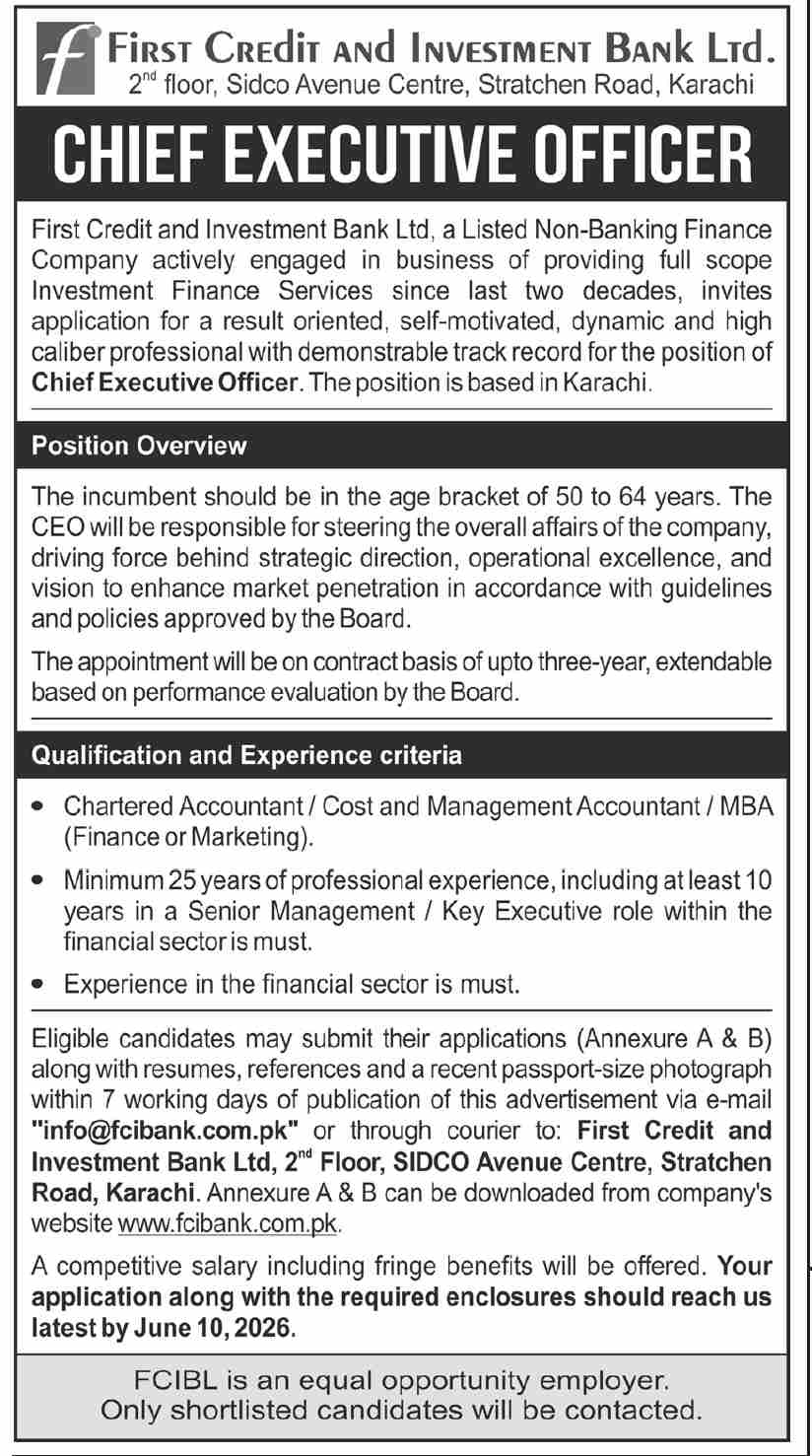 Chief Executive Officer - First Credit and Investment Bank Ltd - Karachi