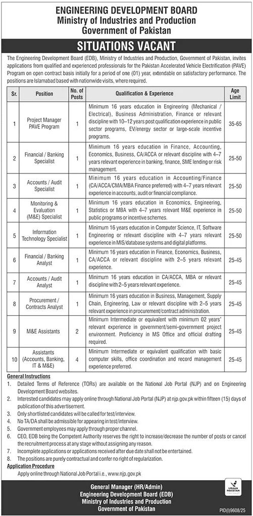 Multiple Positions - Engineering Development Board PAVE Program - Islamabad