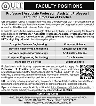 Faculty Positions - UIT University Karachi - Karachi