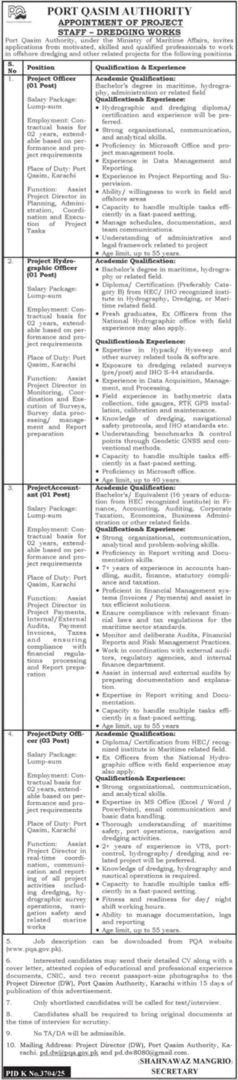 Project Staff Dredging Works - Port Qasim Authority - Karachi