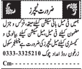 Teachers Required - High Section & Nursery - Zarghoon Road