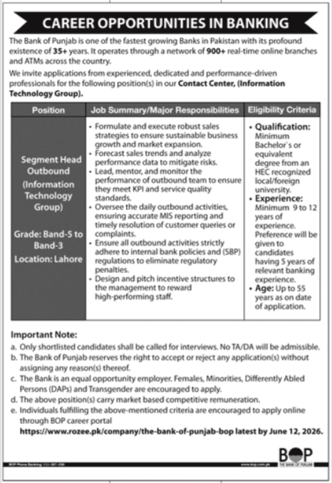 Segment Head Outbound - Bank of Punjab IT Group - Lahore