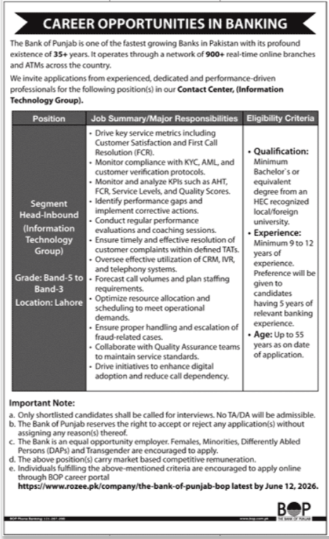 Segment Head-Inbound - Bank of Punjab IT Group - Lahore
