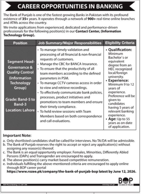 Segment Head-Governance & Quality Control - Bank of Punjab IT Group - Lahore