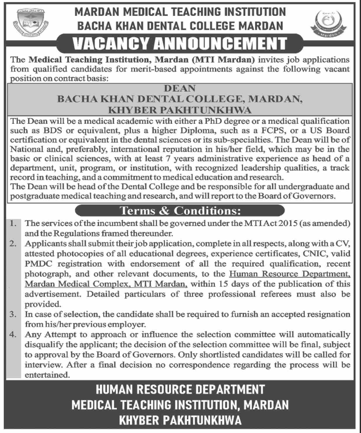 Dean - Bacha Khan Dental College Mardan - Contract Basis - Mardan