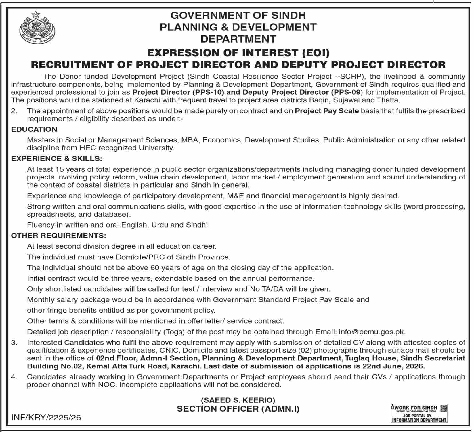 Project Director PPS-10 & Deputy Project Director PPS-09 - SCRP Sindh - Karachi