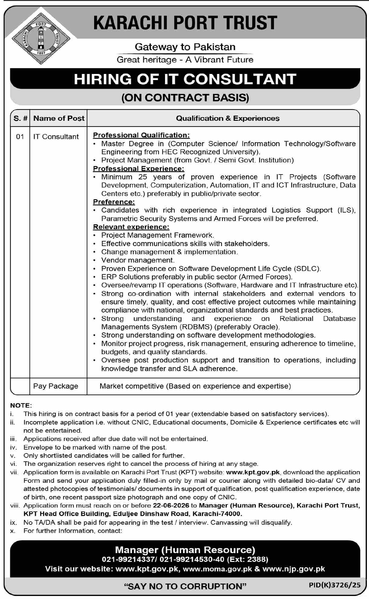 IT Consultant - Karachi Port Trust - Contract Basis - Karachi