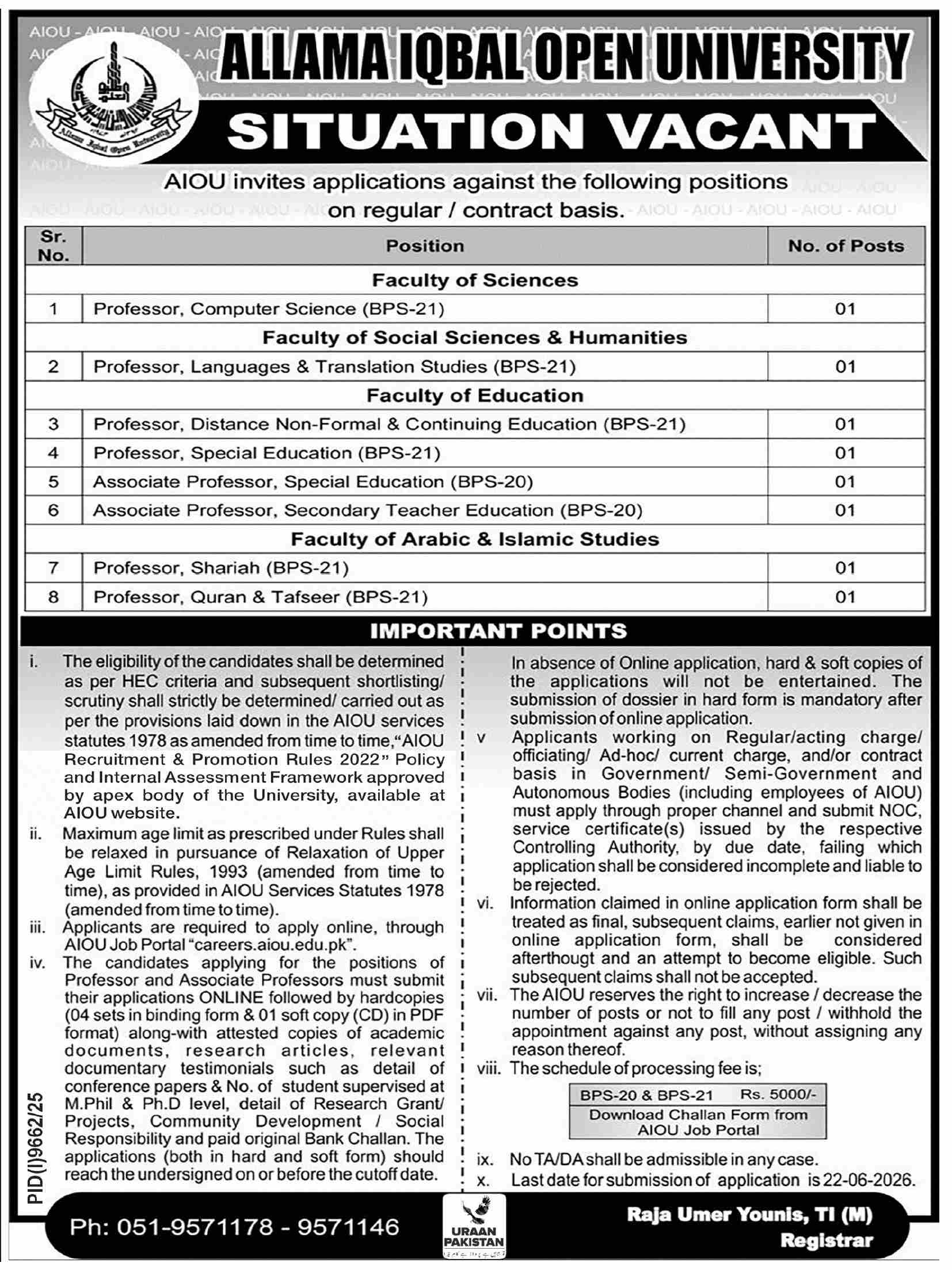 Faculty Positions - Allama Iqbal Open University BPS-20 & BPS-21 - Islamabad