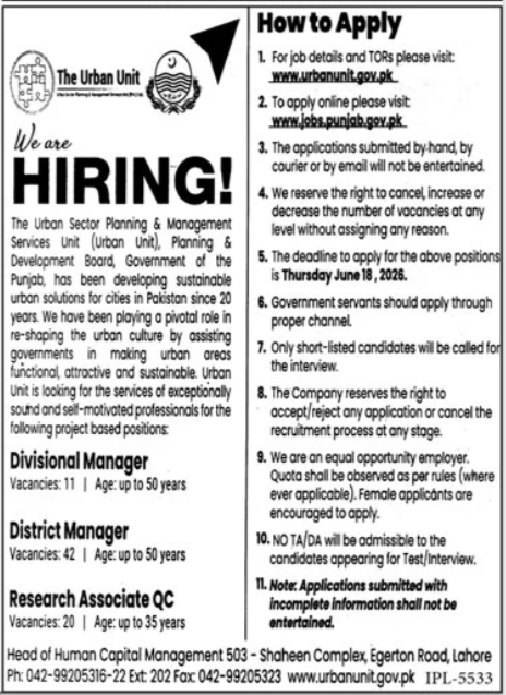 Multiple Project Posts - The Urban Unit Punjab - Lahore