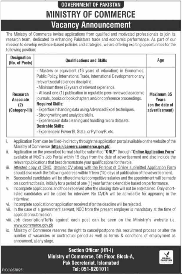 Research Associate Category-III - Ministry of Commerce - Islamabad