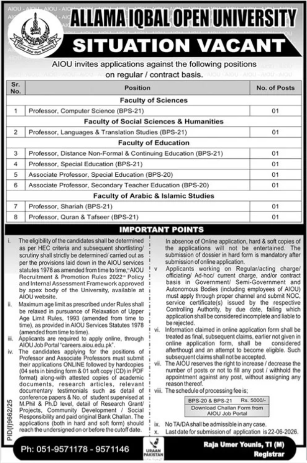 Faculty Positions - Allama Iqbal Open University BPS-20 & BPS-21 - Islamabad