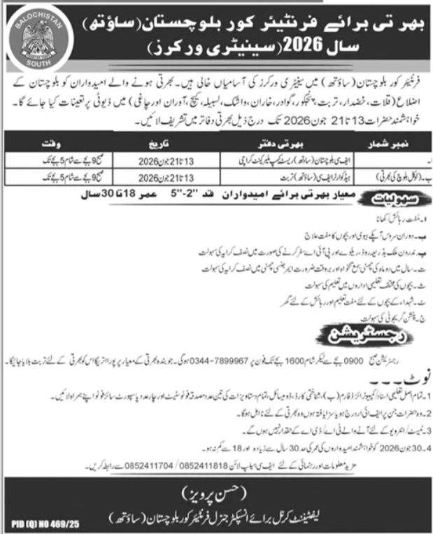 Sanitary Worker Recruitment 2026 - Frontier Corps Balochistan South - Multiple Cities