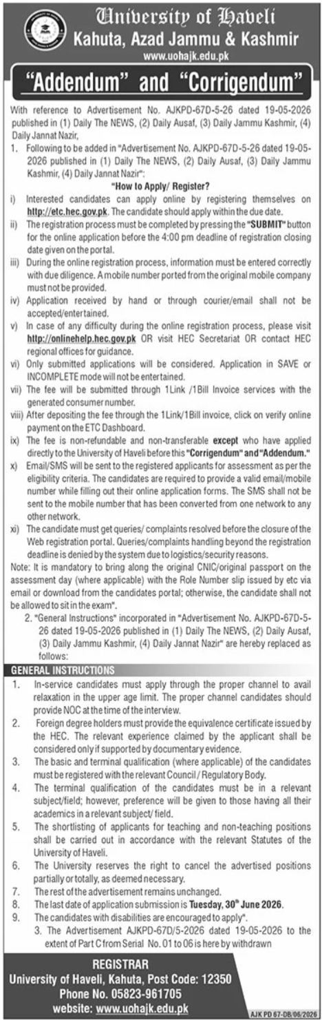 Addendum & Corrigendum - University of Haveli Kahuta AJK - Kahuta