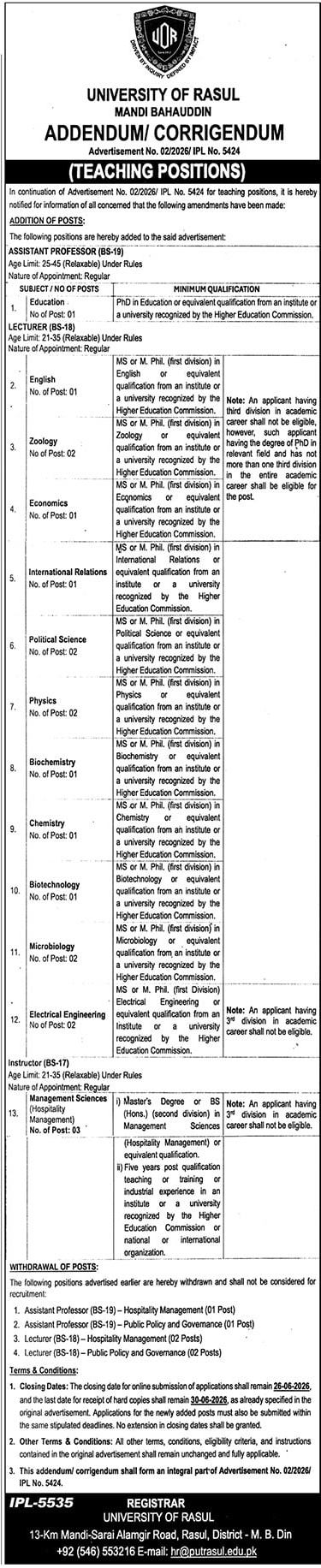 Teaching Positions Addendum - University of Rasul Mandi Bahauddin - Mandi Bahauddin