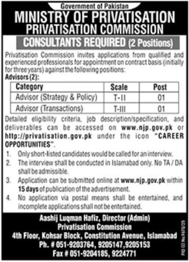Consultants Required - Privatisation Commission T-II & T-III - Islamabad
