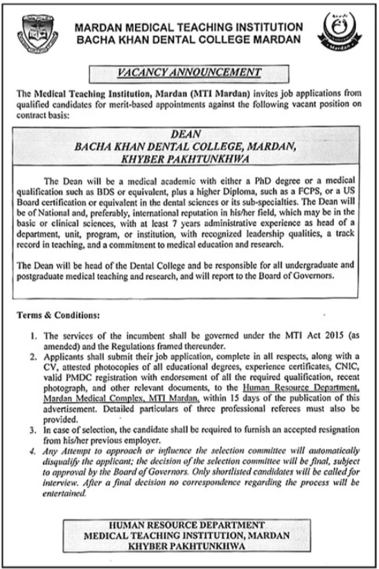 Dean - Bacha Khan Dental College Mardan Contract Basis - Mardan
