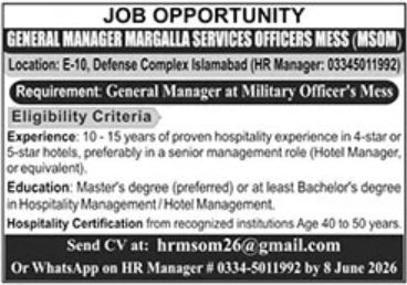 General Manager - Margalla Services Officers Mess MSOM Islamabad - Islamabad