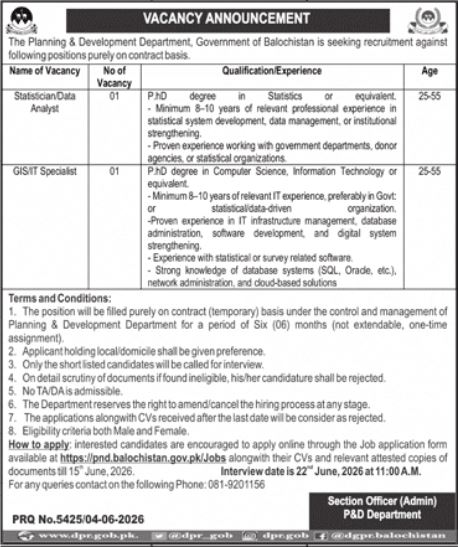 Statistician/Data Analyst & GIS/IT Specialist - P&D Balochistan Contract 6 Months - Quetta