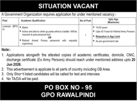 Lineman BPS-4 - Government Organization Rawalpindi - Rawalpindi