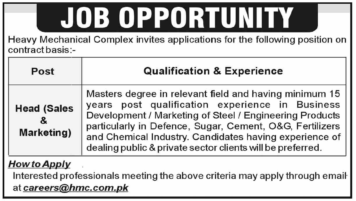 Head Sales & Marketing - Heavy Mechanical Complex Contract Basis - Multiple Cities