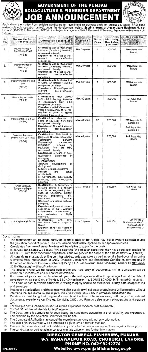 Multiple Posts - Aquaculture & Fisheries Department Punjab PPS-5 to PPS-8 - Lahore