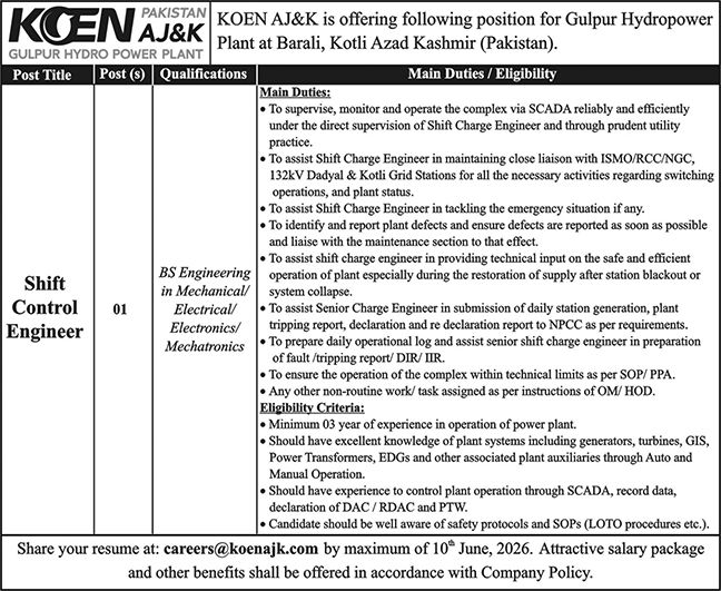 Shift Control Engineer - KOEN AJ&K Gulpur Hydropower Plant Kotli - Kotli