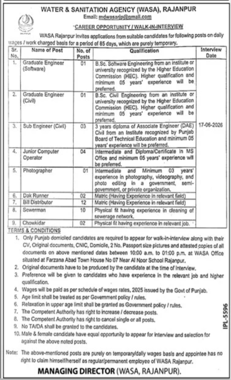 Multiple Posts Daily Wages - WASA Rajanpur Walk-in-Interview - Rajanpur