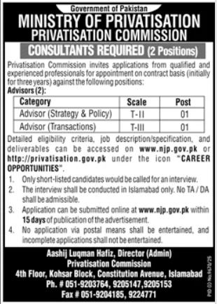 Consultants Required T-II & T-III - Privatisation Commission Contract 3 Years - Islamabad