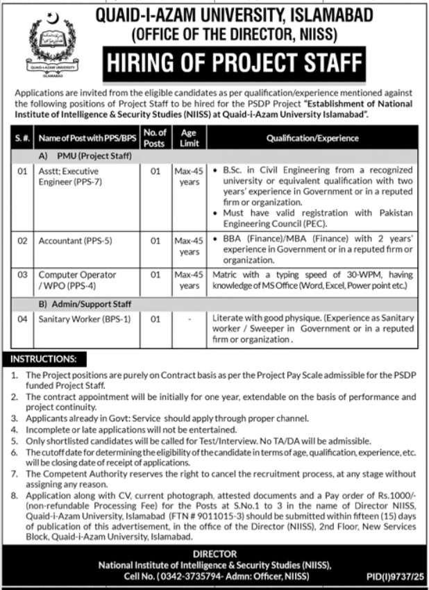 Project Staff - QAU NIISS Islamabad PSDP Project - Islamabad