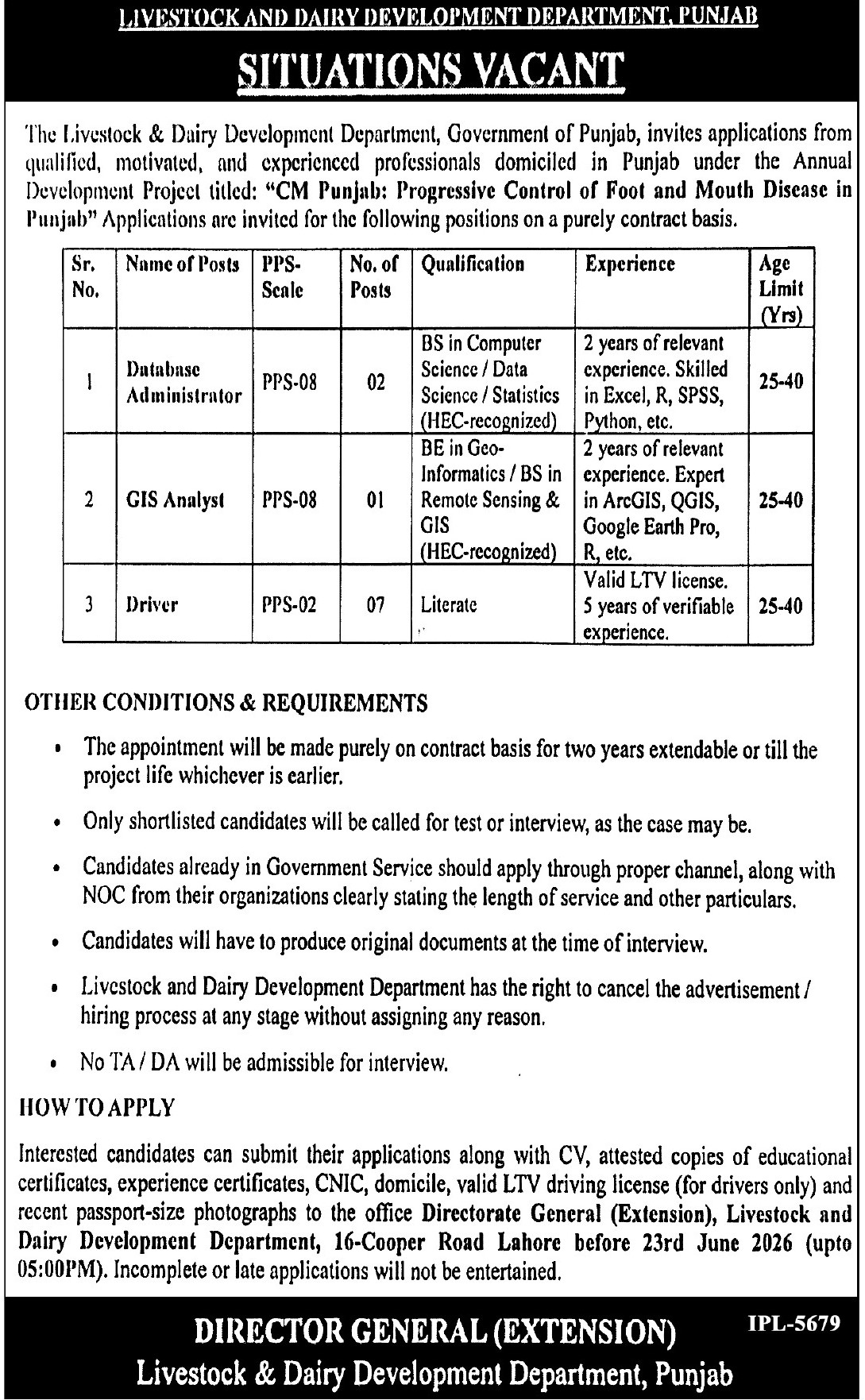 Multiple Posts PPS-02 to PPS-08 - Livestock & Dairy Development Dept Punjab - Lahore