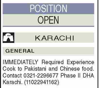 Experienced Cook Required - Pakistani & Chinese Food - DHA Karachi - Karachi