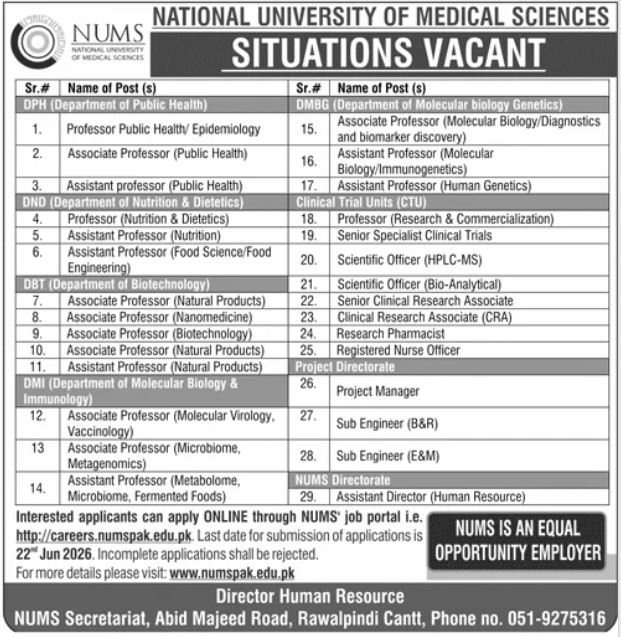 Multiple Faculty & Staff Positions - NUMS Rawalpindi - Rawalpindi