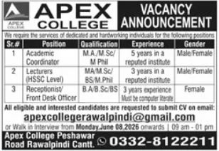 Multiple Posts - Apex College Peshawar Walk-in-Interview - Peshawar