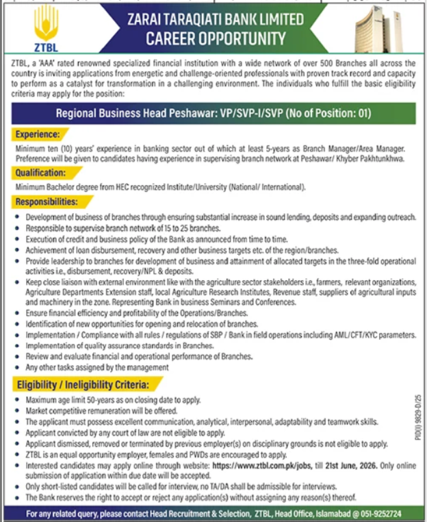 Regional Business Head Peshawar VP/SVP-I/SVP - ZTBL - Peshawar