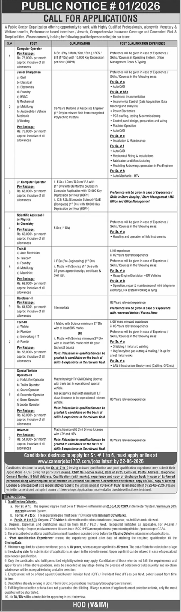 Multiple Posts - Public Sector Organization PO Box 1632 Islamabad - Islamabad