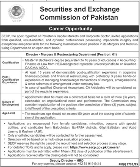 Director Mergers & Restructuring - SECP Islamabad - Islamabad