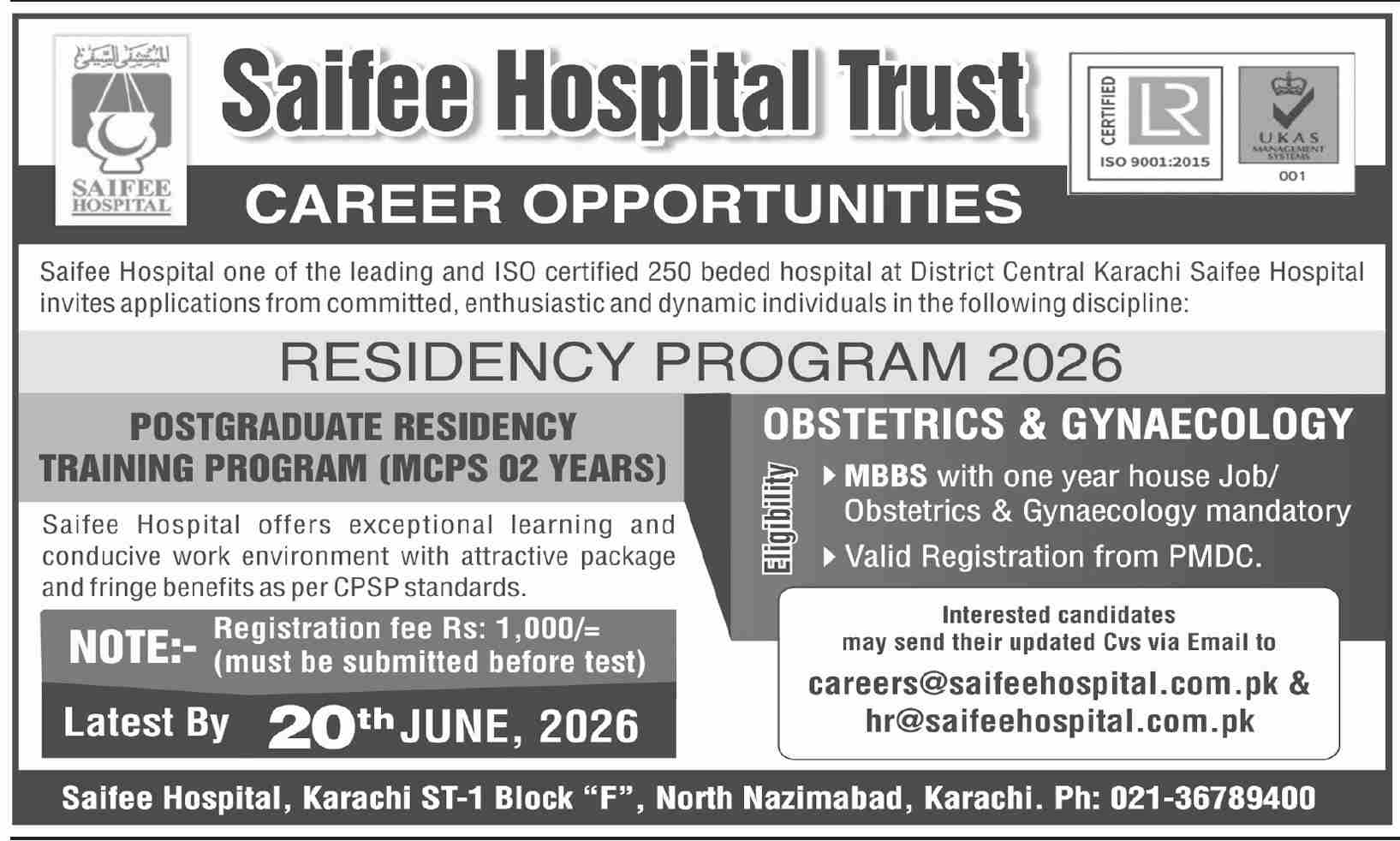 Saifee Hospital MCPS Residency Obstetrics Gynaecology Karachi - Karachi