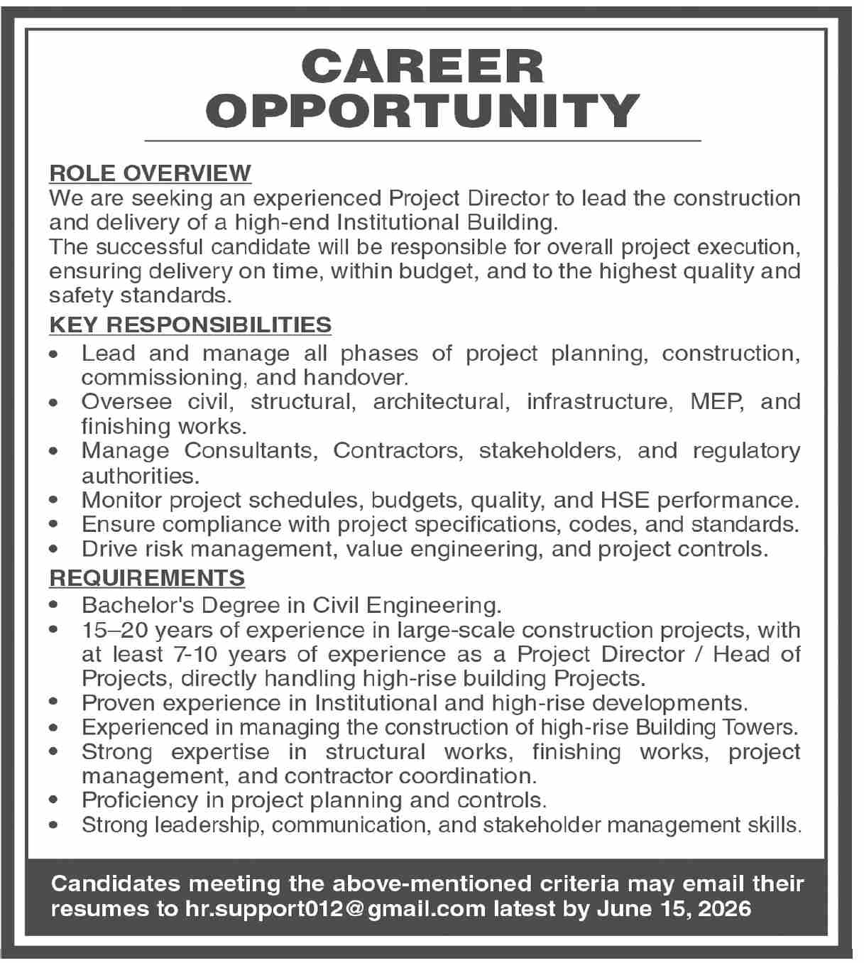 Project Director Civil Engineering High Rise Buildings - Not specified