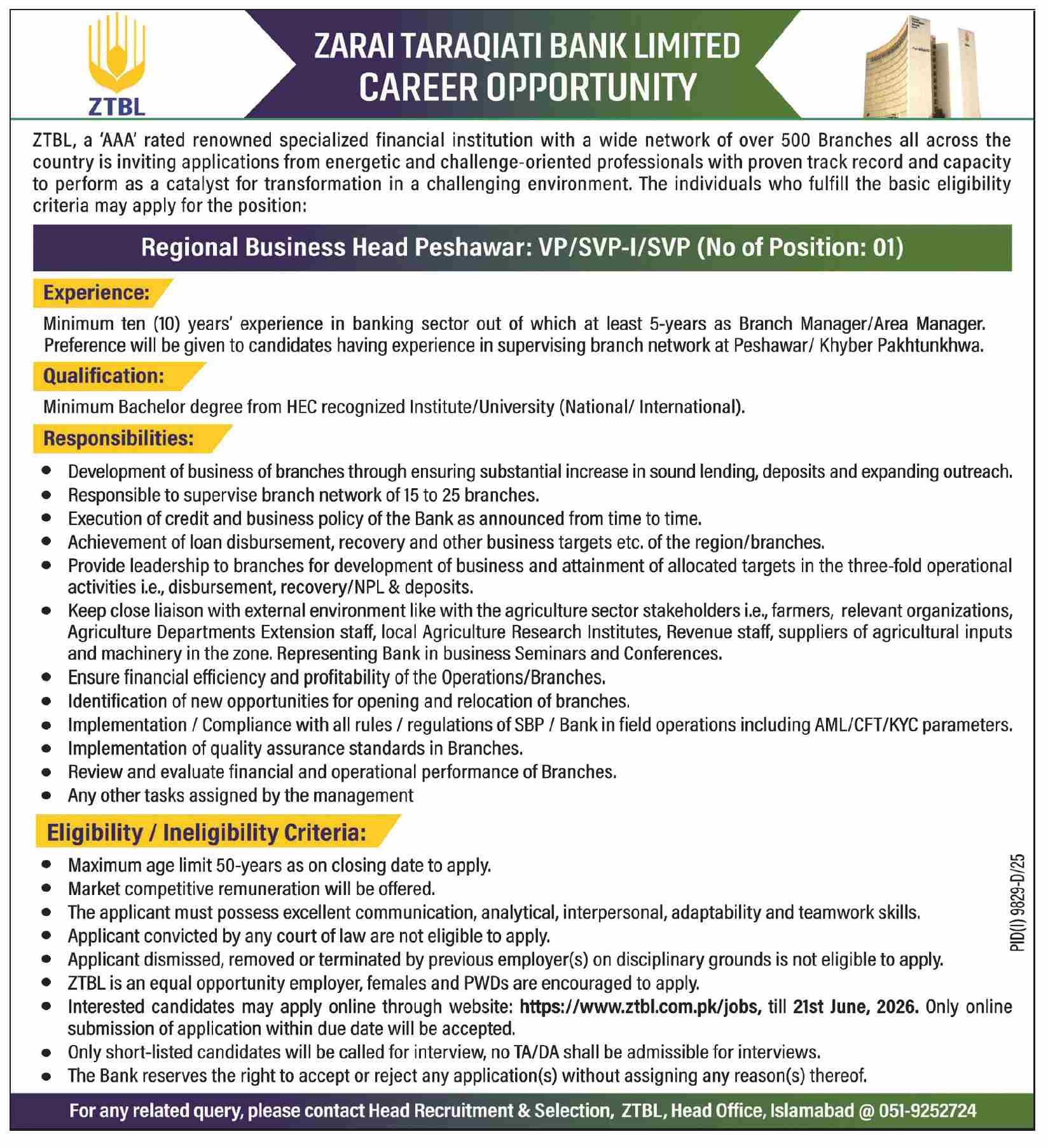 ZTBL Regional Business Head Peshawar VP SVP - Peshawar