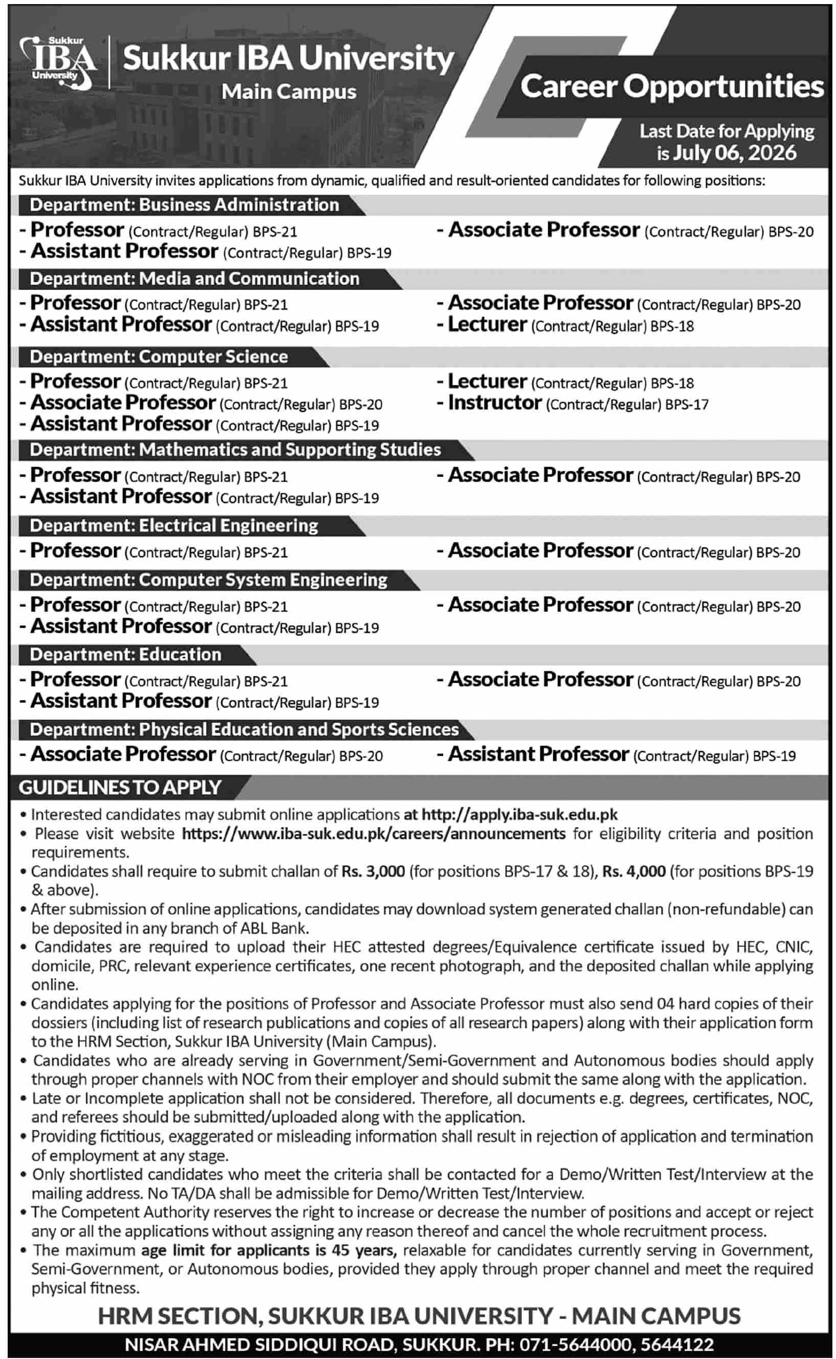 Sukkur IBA University Faculty Jobs 8 Departments BPS-17 to BPS-21 - Sukkur