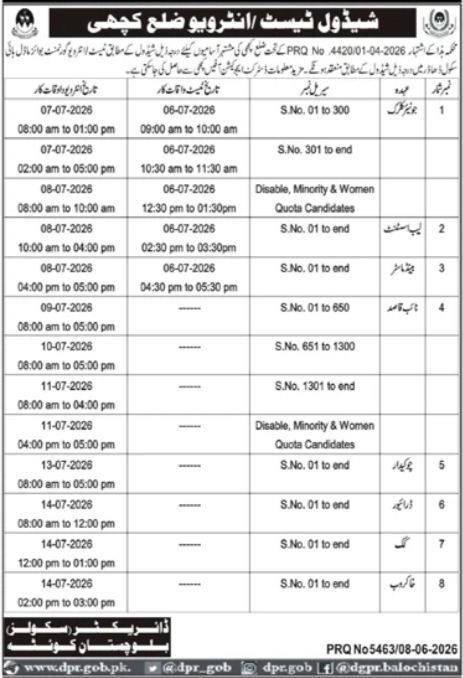 DGPR Balochistan Test Interview Schedule District Kachhi - Kachhi
