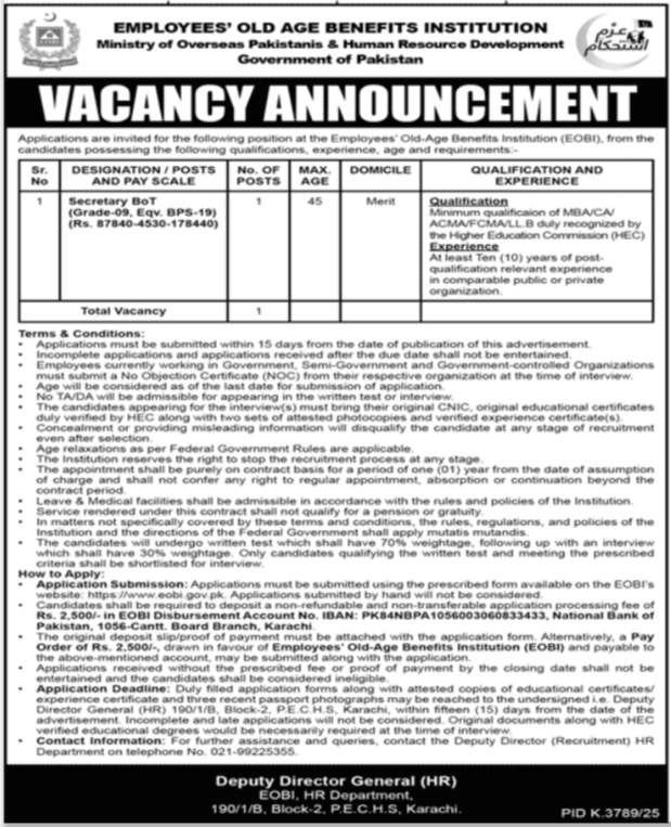 EOBI Secretary Board Grade-09 BPS-19 Jobs Karachi - Karachi