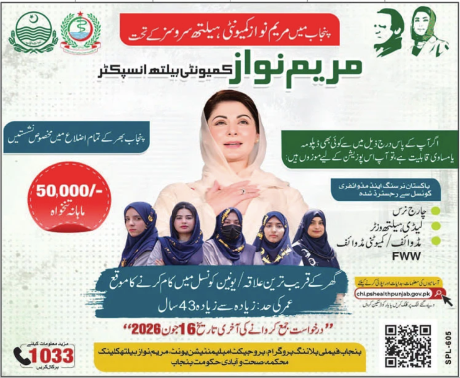 Maryam Nawaz Community Health Inspector Jobs Punjab 50000 Salary - Multiple Cities