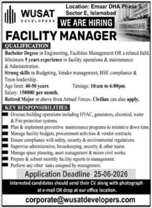 WUSAT Developers Facility Manager Emaar DHA Islamabad - Islamabad