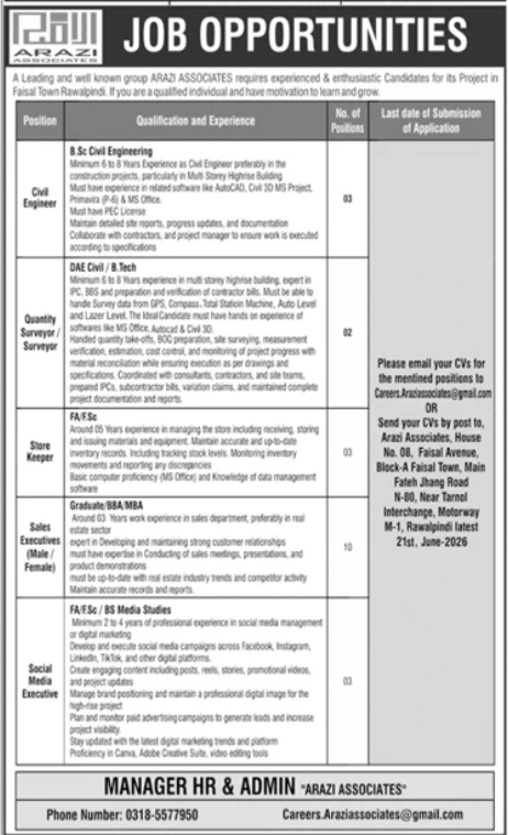 ARAZI Associates Civil Engineer Quantity Surveyor Sales Social Media Jobs Rawalpindi - Rawalpindi