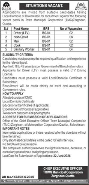 TMC Zarghoon Quetta Driver Naib Qasid Mali Cook Sanitary Worker Jobs - Quetta