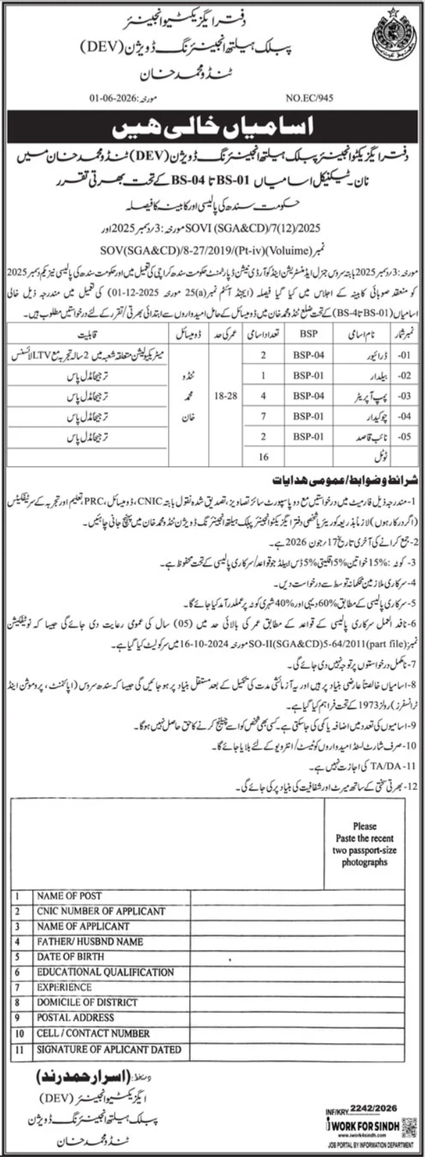 PHE Dev Division Tando Muhammad Khan BS-01 to BS-04 Jobs - Tando Muhammad Khan