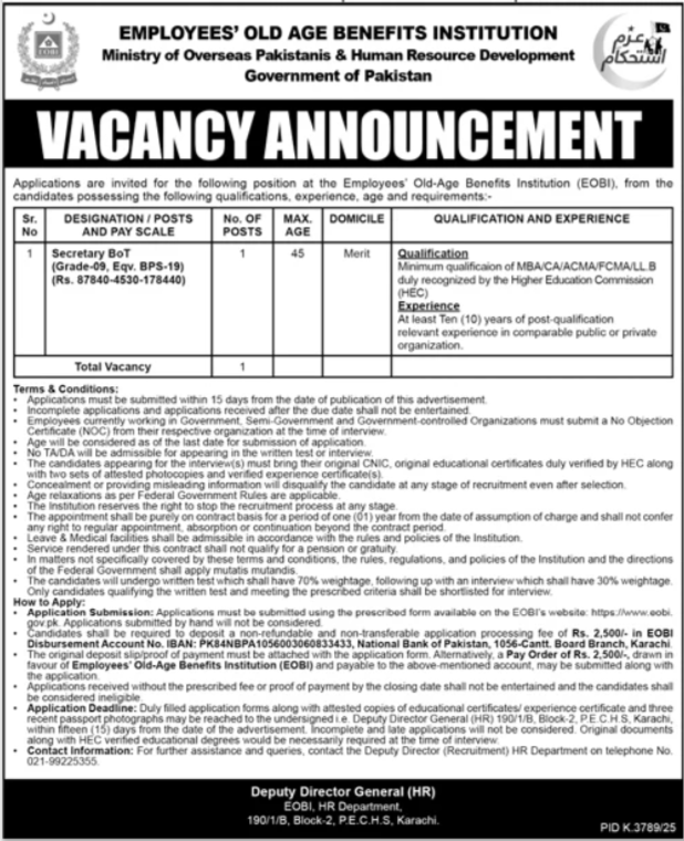 EOBI Secretary Board Grade-09 BPS-19 Jobs Karachi - Karachi