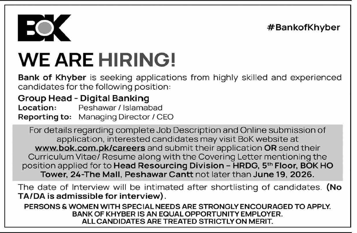 BOK Group Head Digital Banking AVP VP Peshawar Islamabad - Peshawar